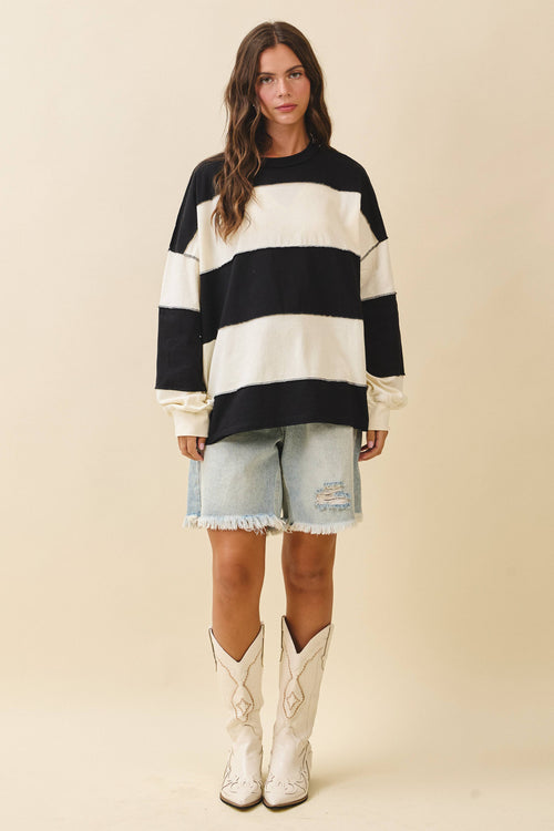 8551GN Oversized Color Block Long Sleeve Pullover
