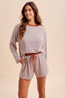 Loose Fit Striped Dolman Sleeve Knit Top Mini Shorts Set