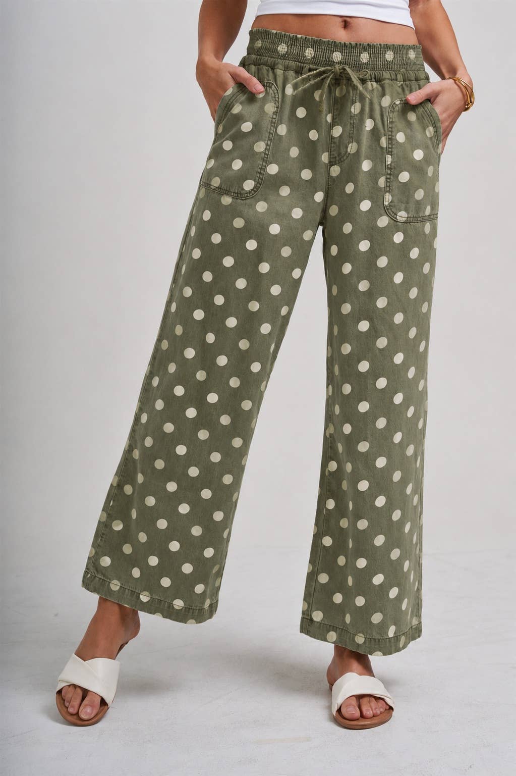 Polka Dot Drawstring Wide Leg Pants