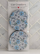 Blue Floral Leaves Car Coasters