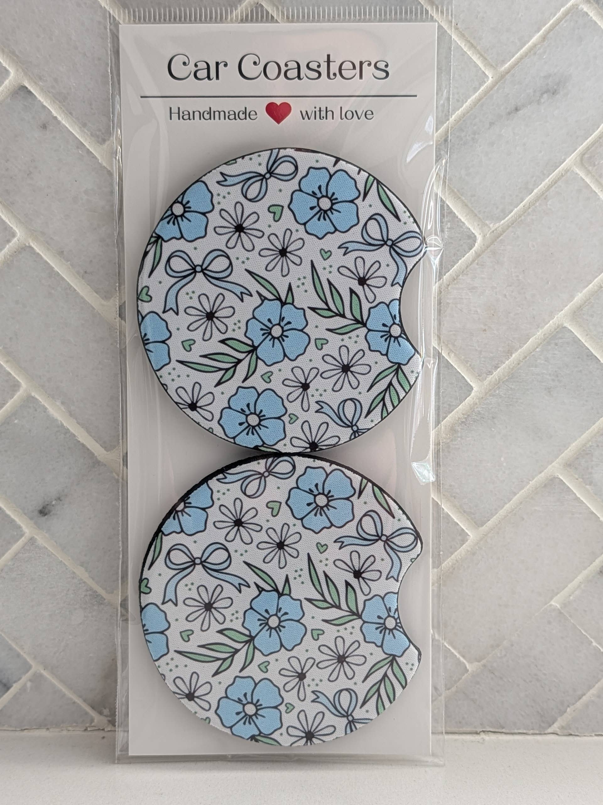 Blue Floral Leaves Car Coasters