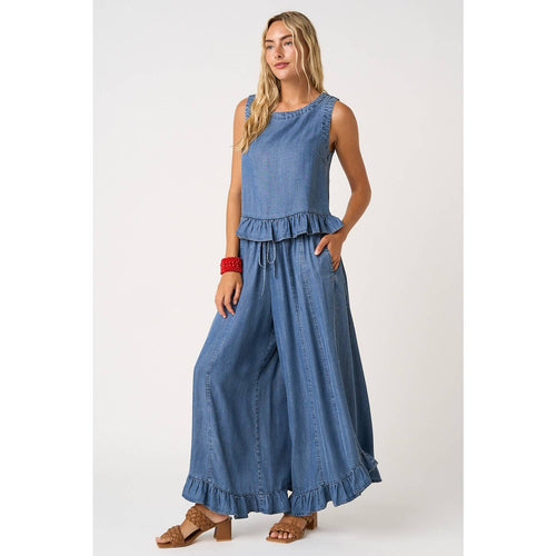 WASHED CHAMBRAY RUFFLE HEM WIDE LEG PANTS