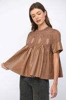 LACE OVERLAY FAUX LEATHER BABYDOLL TOP FT24196
