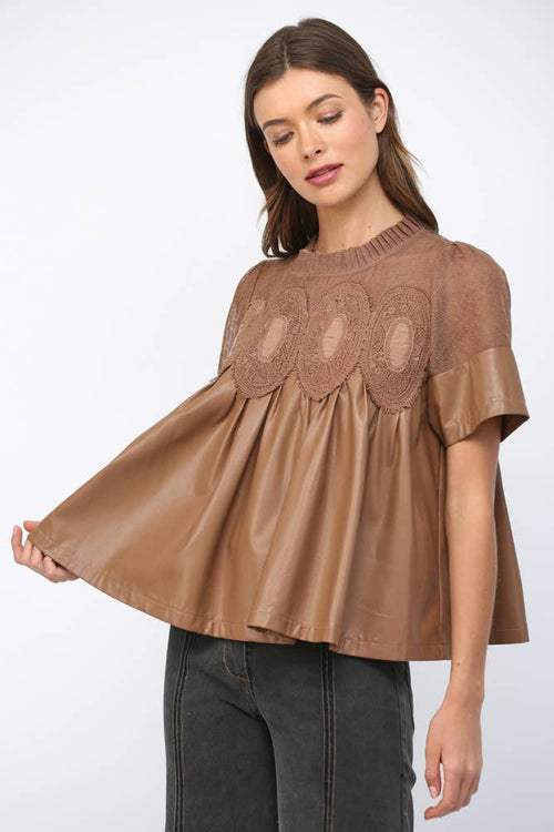 LACE OVERLAY FAUX LEATHER BABYDOLL TOP FT24196