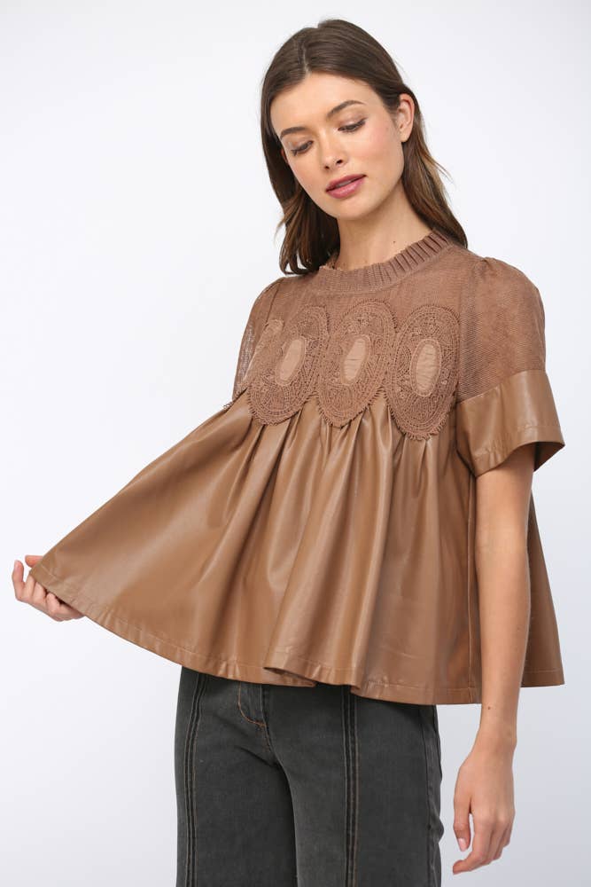 LACE OVERLAY FAUX LEATHER BABYDOLL TOP FT24196