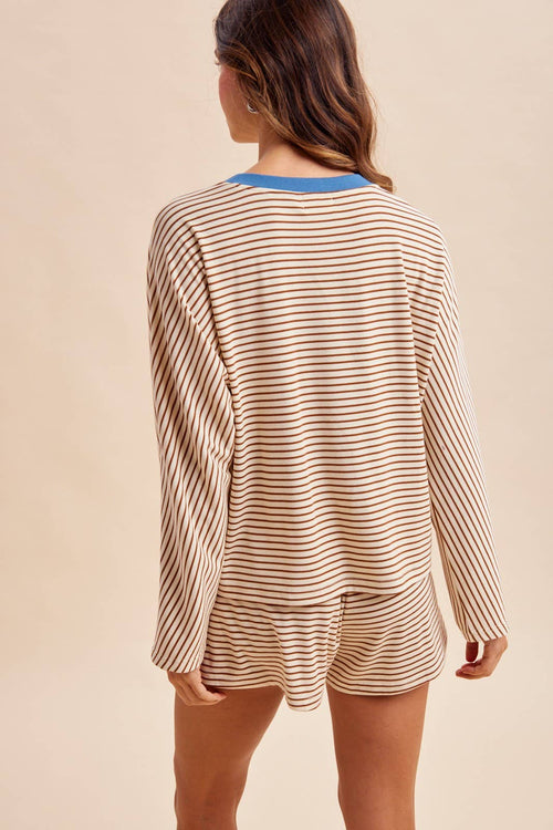 Loose Fit Striped Dolman Sleeve Knit Top Mini Shorts Set
