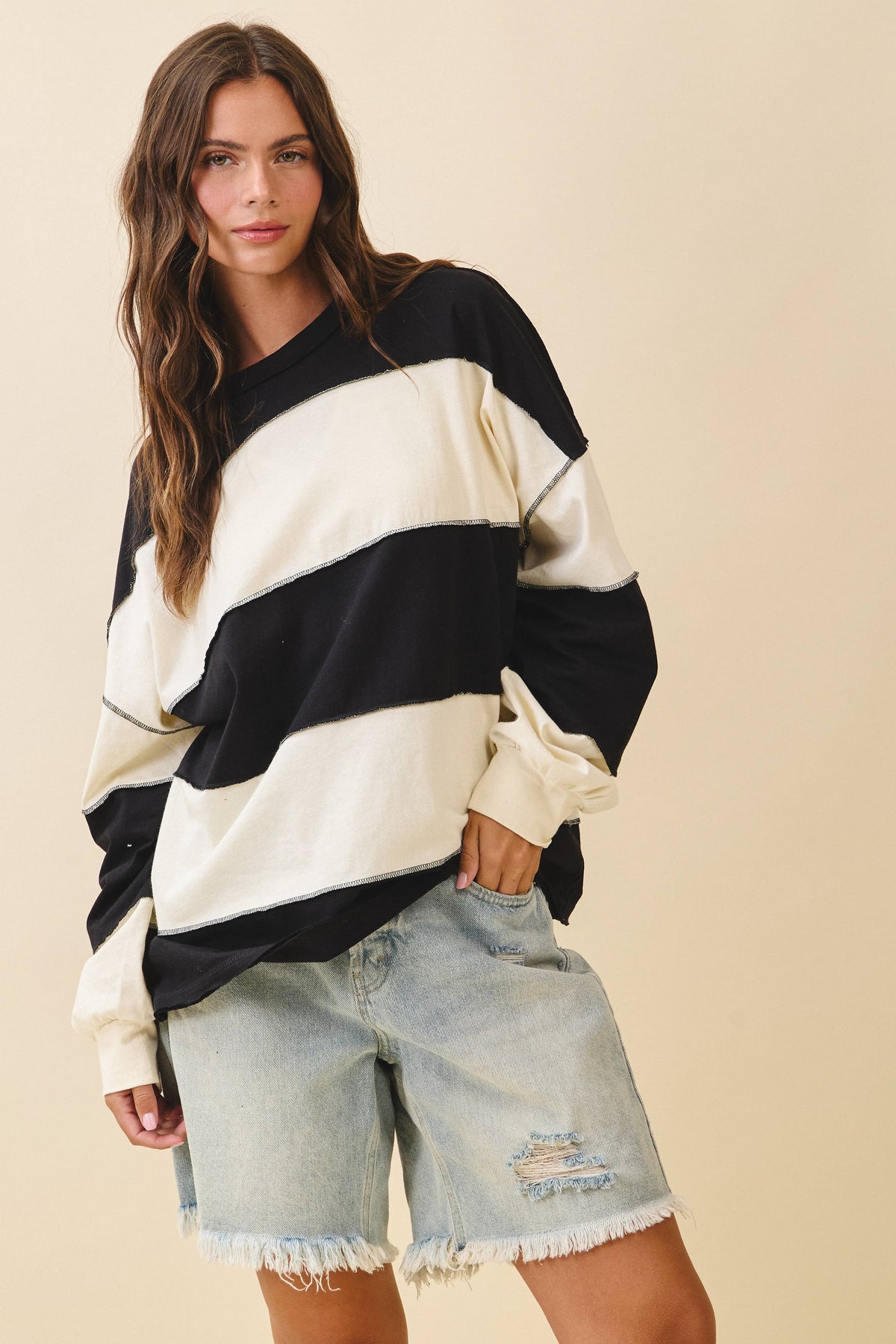 8551GN Oversized Color Block Long Sleeve Pullover
