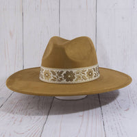 Wide Brim Felt Hat With Floral Ribbon Band