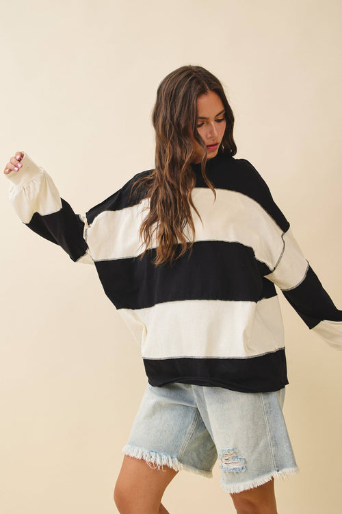 8551GN Oversized Color Block Long Sleeve Pullover