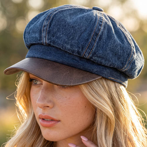 Denim Newsboy Cabbie Cap With Contrast Brim