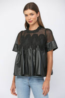 LACE OVERLAY FAUX LEATHER BABYDOLL TOP FT24196
