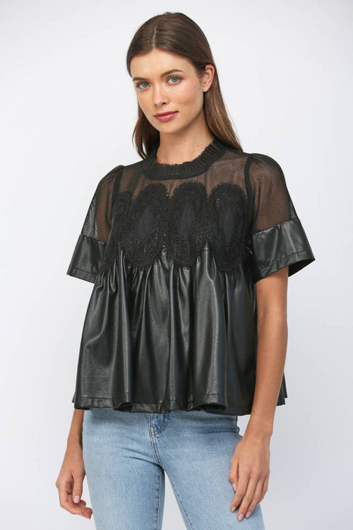 LACE OVERLAY FAUX LEATHER BABYDOLL TOP FT24196