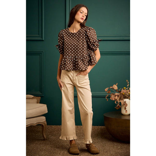 POLKA DOT BOW DETAIL SHORT SLEEVES PEPLUM TOP