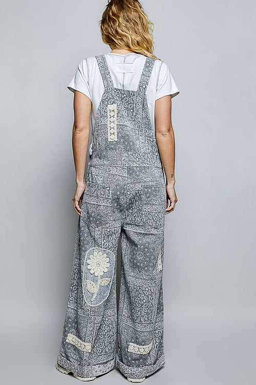 Floral Crochet Pearl Patch Roomy Fit Twill Overalls