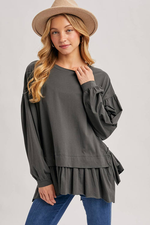 RUFFLED PEPLUM HEM OVERSIZED KNIT TOP