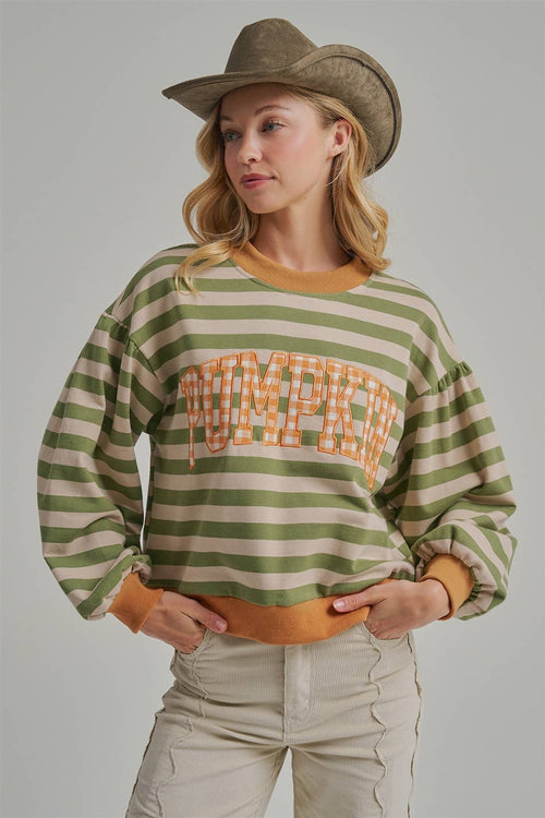 STRIPE TERRY CASUAL THANKSGIVING TOP WITH PUMPKIN LETTERING