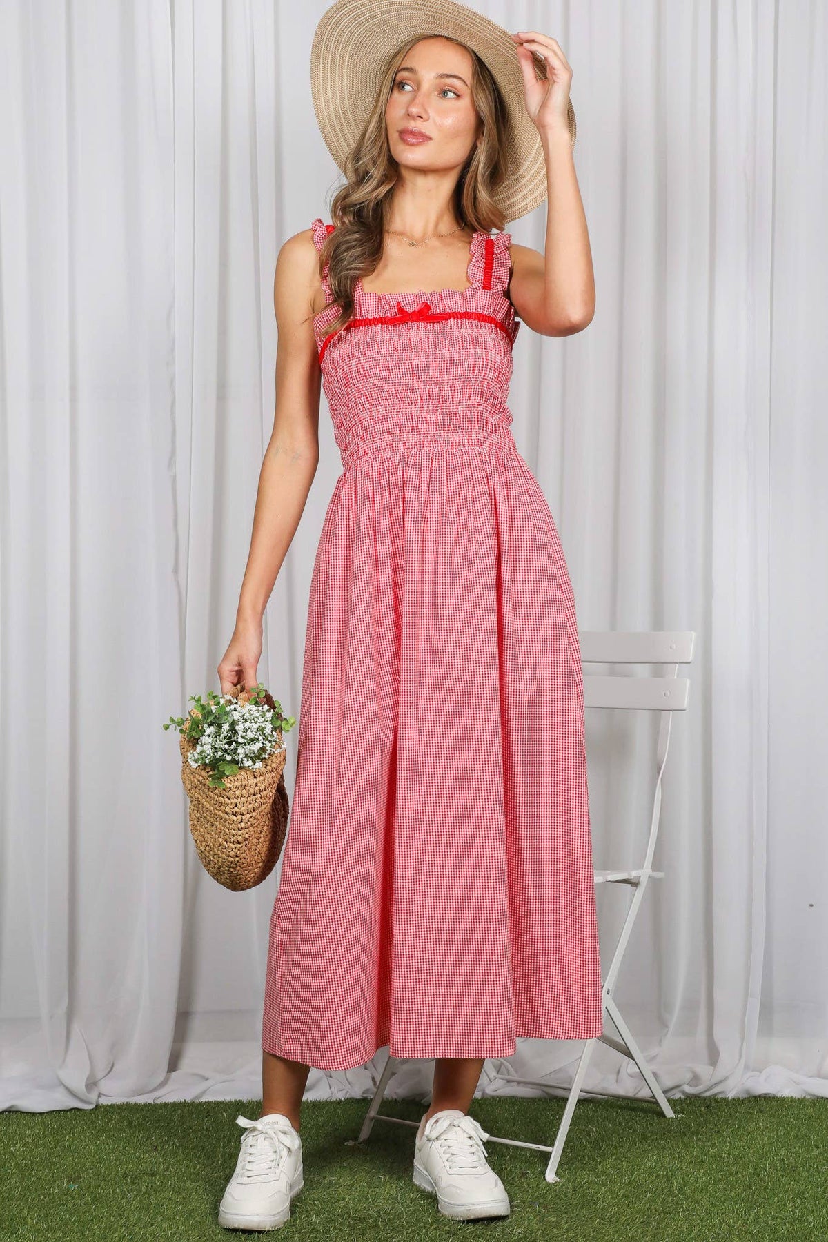 Gingham Velvet Trim Strap 100% Cotton Midi Dress VD83286