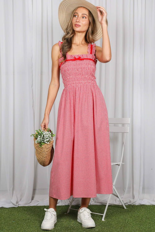 Gingham Velvet Trim Strap 100% Cotton Midi Dress VD83286