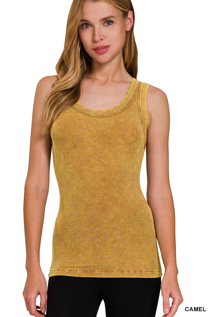 Washed Ribbed Scoop Neck Tank Top - Zenana