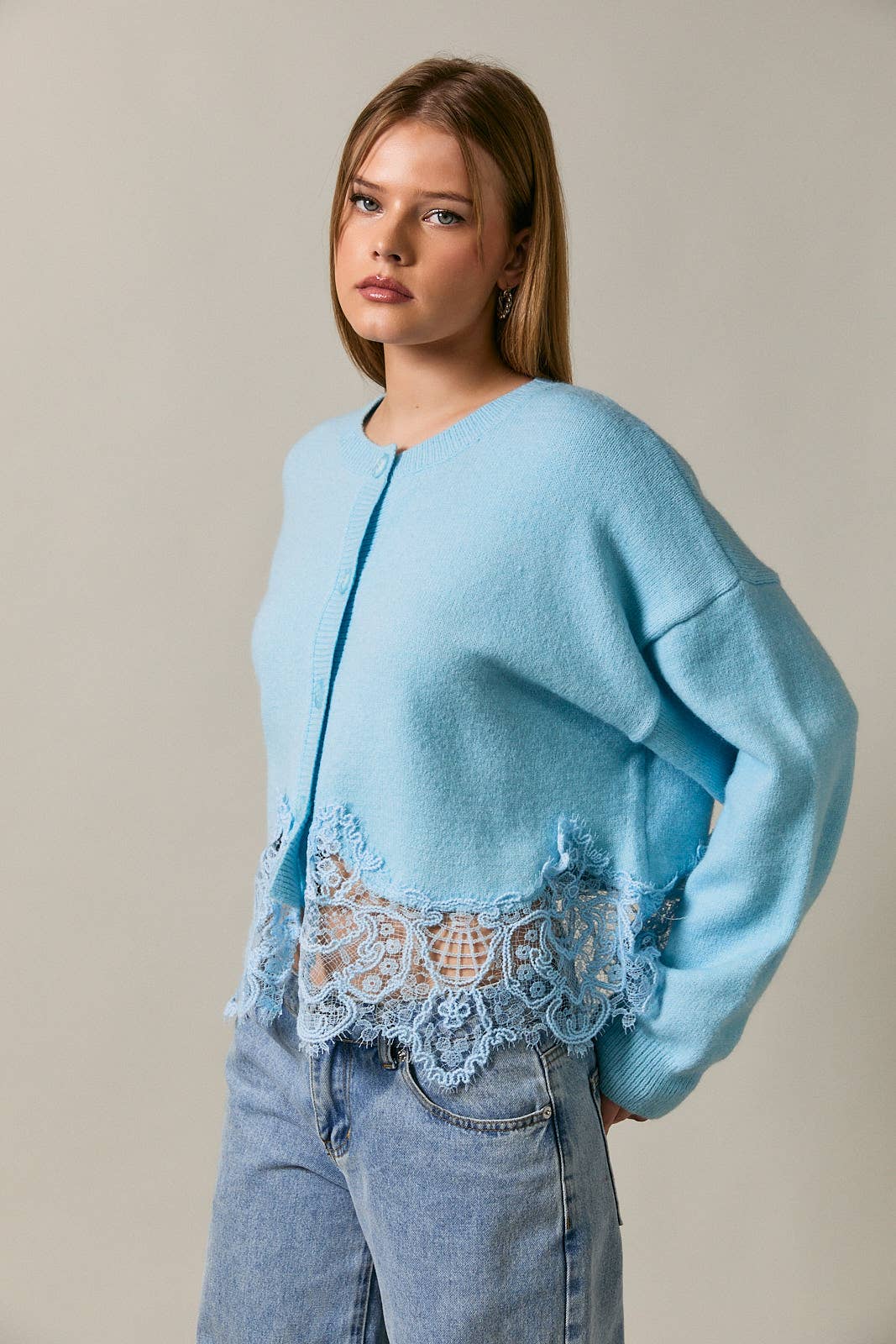 Lace Hem Button Front Knit Sweater Cardigan
