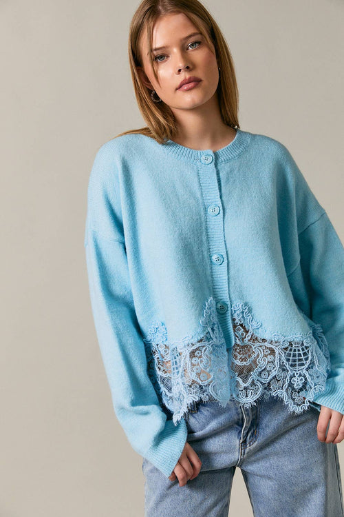 Lace Hem Button Front Knit Sweater Cardigan