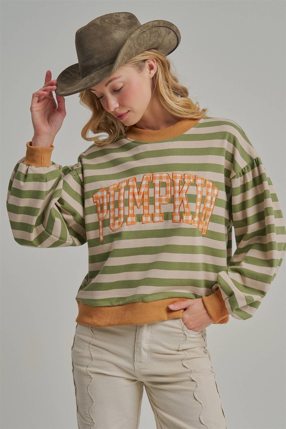 STRIPE TERRY CASUAL THANKSGIVING TOP WITH PUMPKIN LETTERING