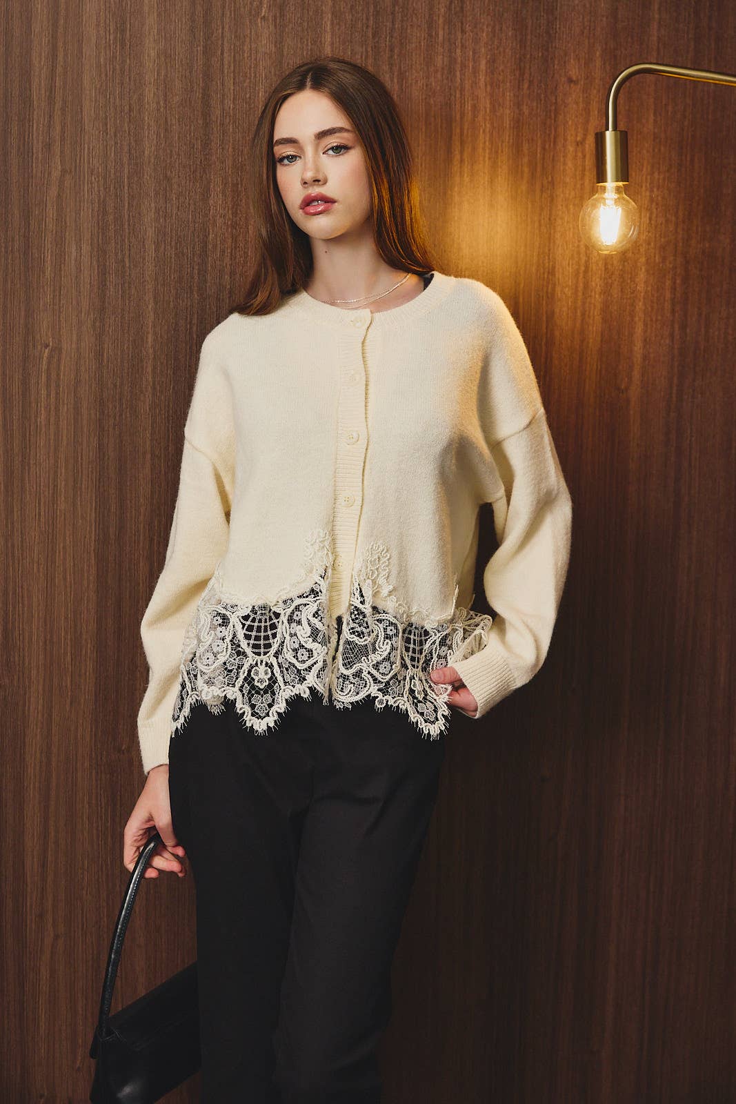 Lace Hem Button Front Knit Sweater Cardigan