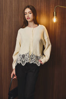 Lace Hem Button Front Knit Sweater Cardigan
