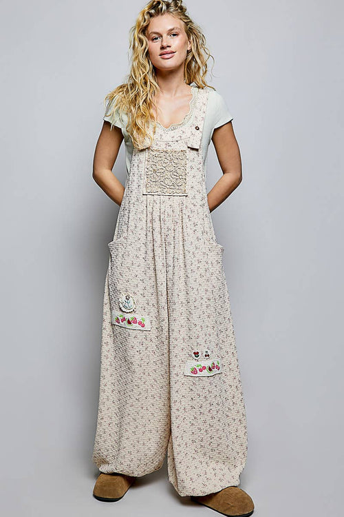 Vintage Floral Knit Contrast Pocket Jogger Overalls