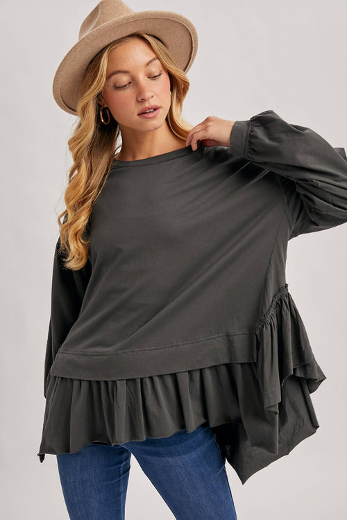 RUFFLED PEPLUM HEM OVERSIZED KNIT TOP