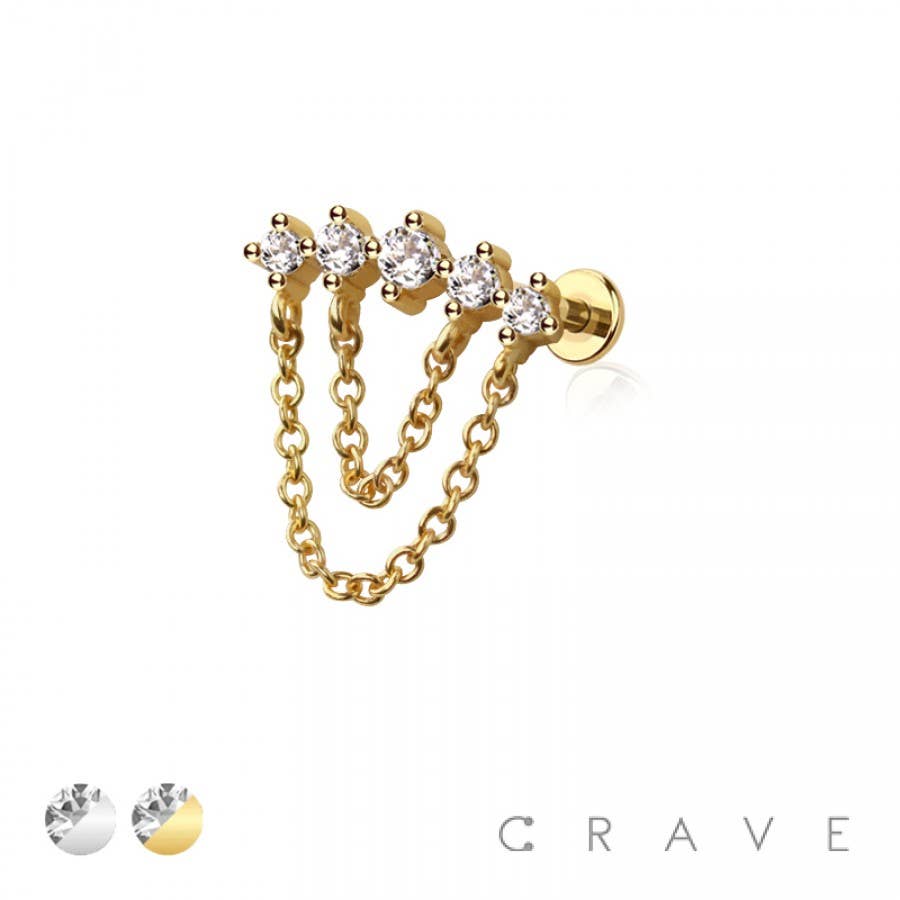 MULTI ROUND CZ DANGLE CHAIN TOP 316L SURGICAL STEEL THREADLE