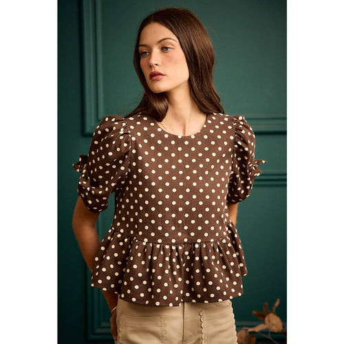 POLKA DOT BOW DETAIL SHORT SLEEVES PEPLUM TOP