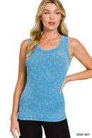 Washed Ribbed Scoop Neck Tank Top - Zenana