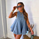 Denim Outfit Set-Sleeveless Top & Elastic-Waist Shorts