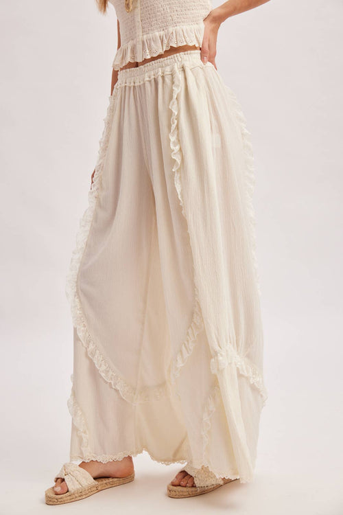 BOHO EYELET LACE RUFFLE TRIMMED WIDE PANTS