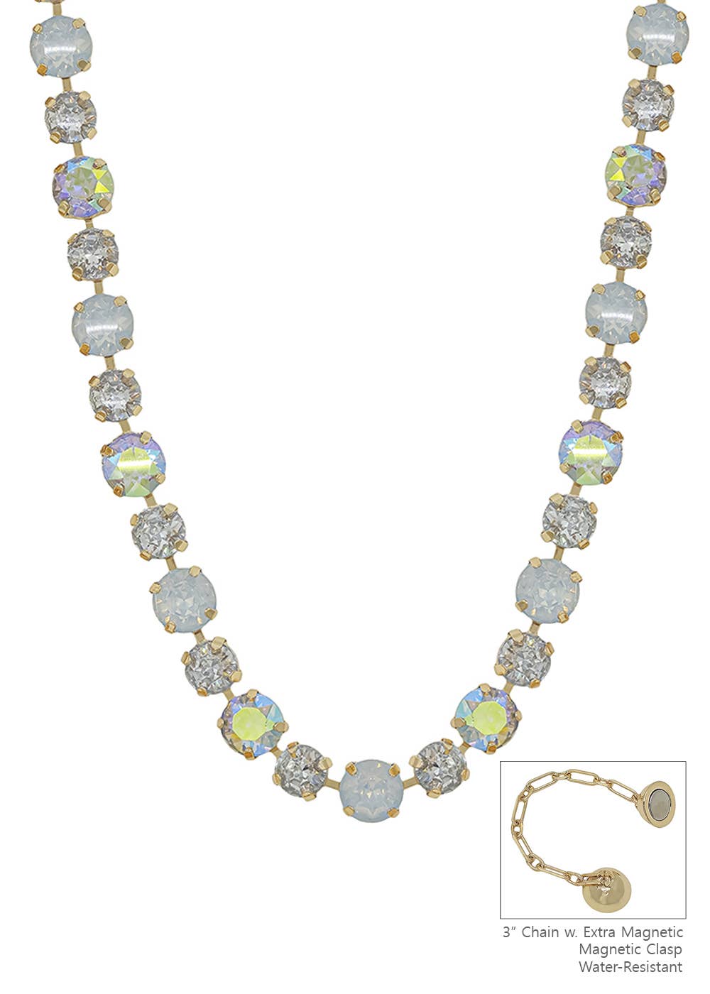 Water Resistant Clear AB Crystal 10&12MM Stone Magnetic Closure 17" Necklace