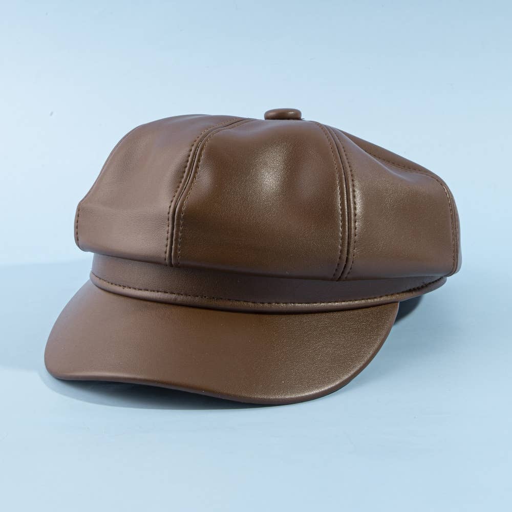 Paneled Vegan Leather Newsboy Cabbie Hat