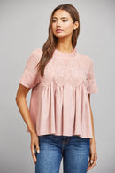 SHEER MESH UPPER PANEL WITH LACE APPLIQUE FAUX SUEDE TOP
