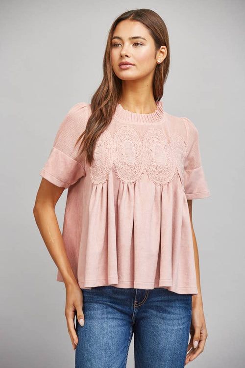 SHEER MESH UPPER PANEL WITH LACE APPLIQUE FAUX SUEDE TOP