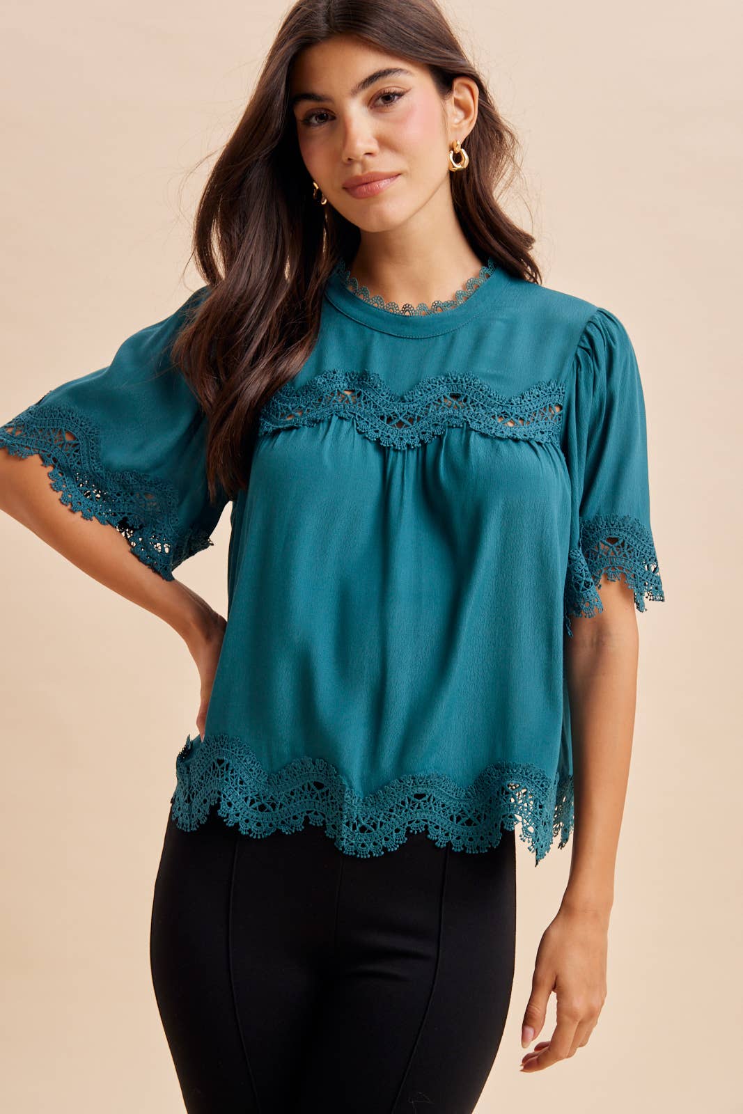 Deep Teal Lace Trim Top