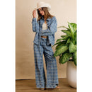 FRAYED DETAIL PLAID WIDE LEG JEANS WITH DUAL POCKETS