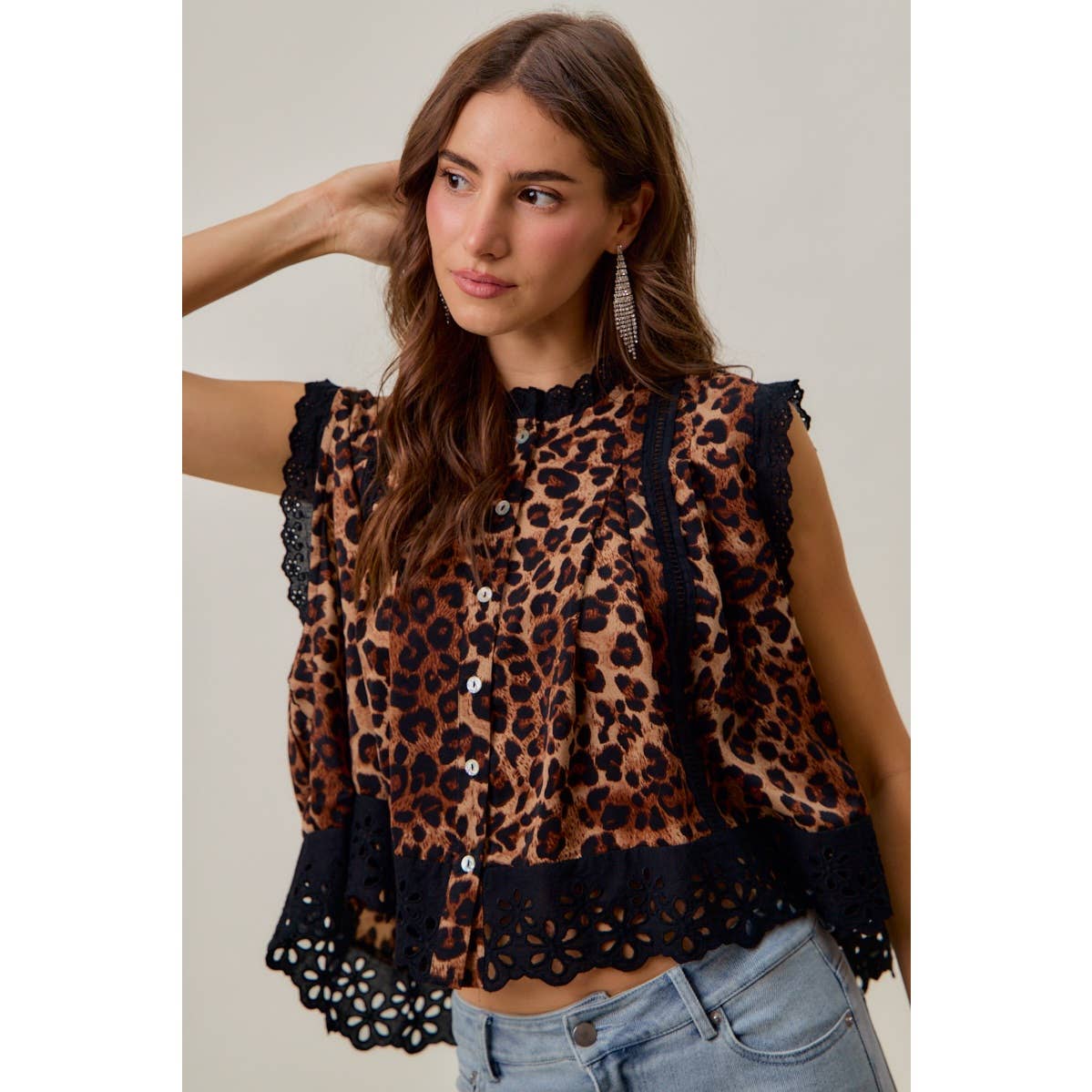 Leopard Pleated Sleeveless Blouse