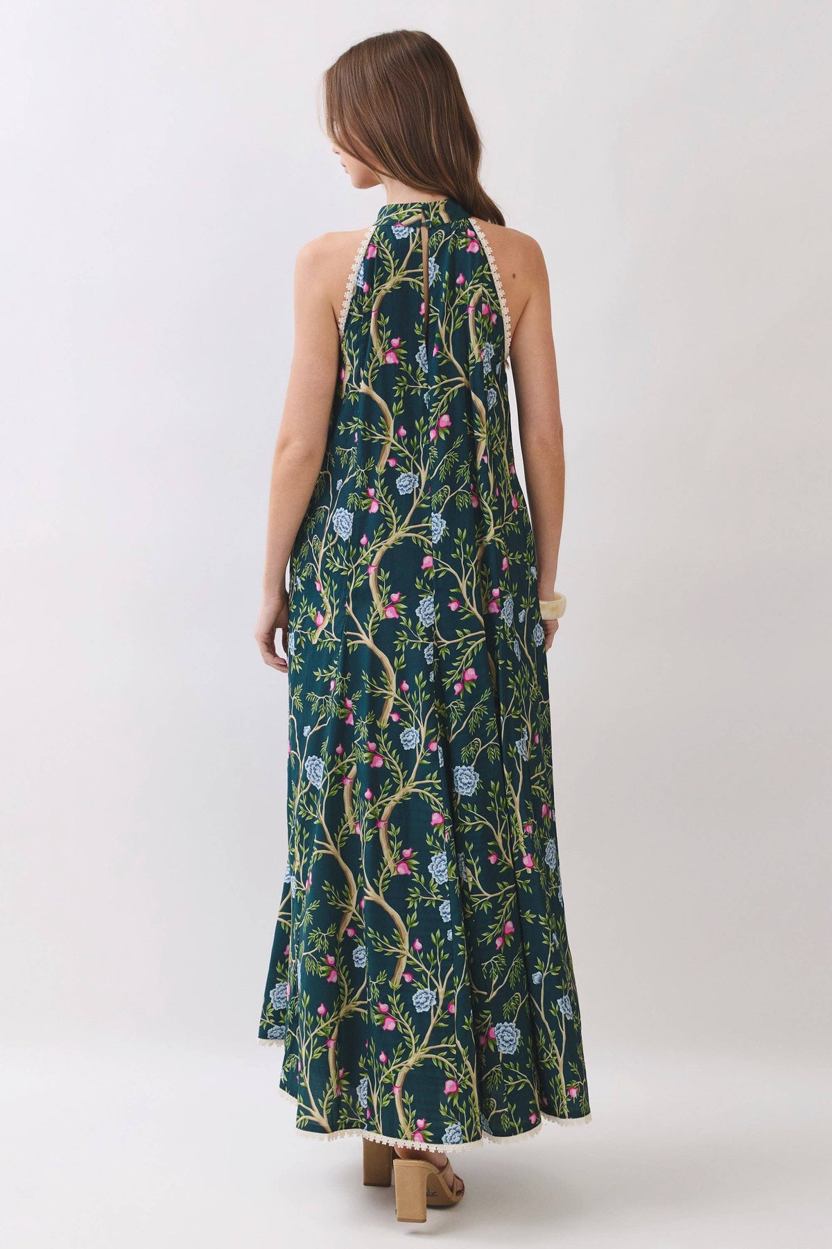CD07357-Floral Vine Print Halter Neck Maxi Dress