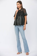 LACE OVERLAY FAUX LEATHER BABYDOLL TOP FT24196