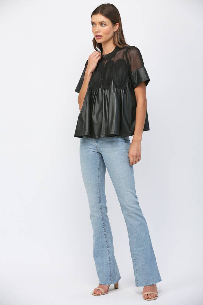 LACE OVERLAY FAUX LEATHER BABYDOLL TOP FT24196