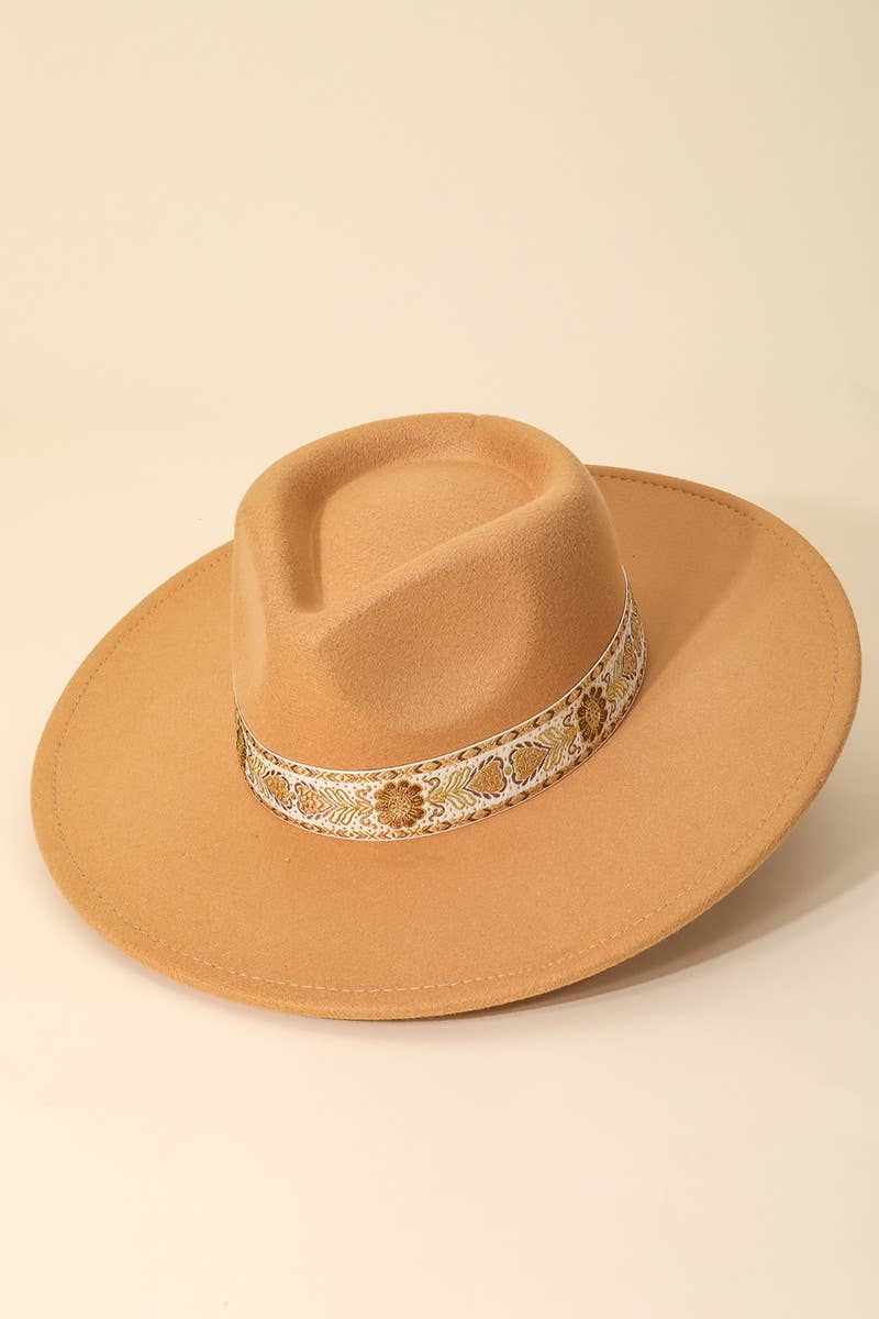 Wide Brim Felt Fedora With Gold Brocade Band