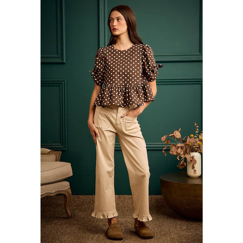 POLKA DOT BOW DETAIL SHORT SLEEVES PEPLUM TOP
