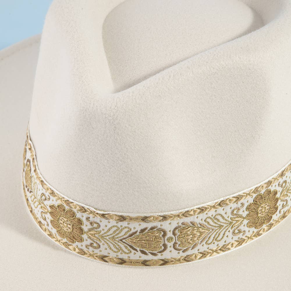 Wide Brim Felt Fedora With Gold Brocade Band