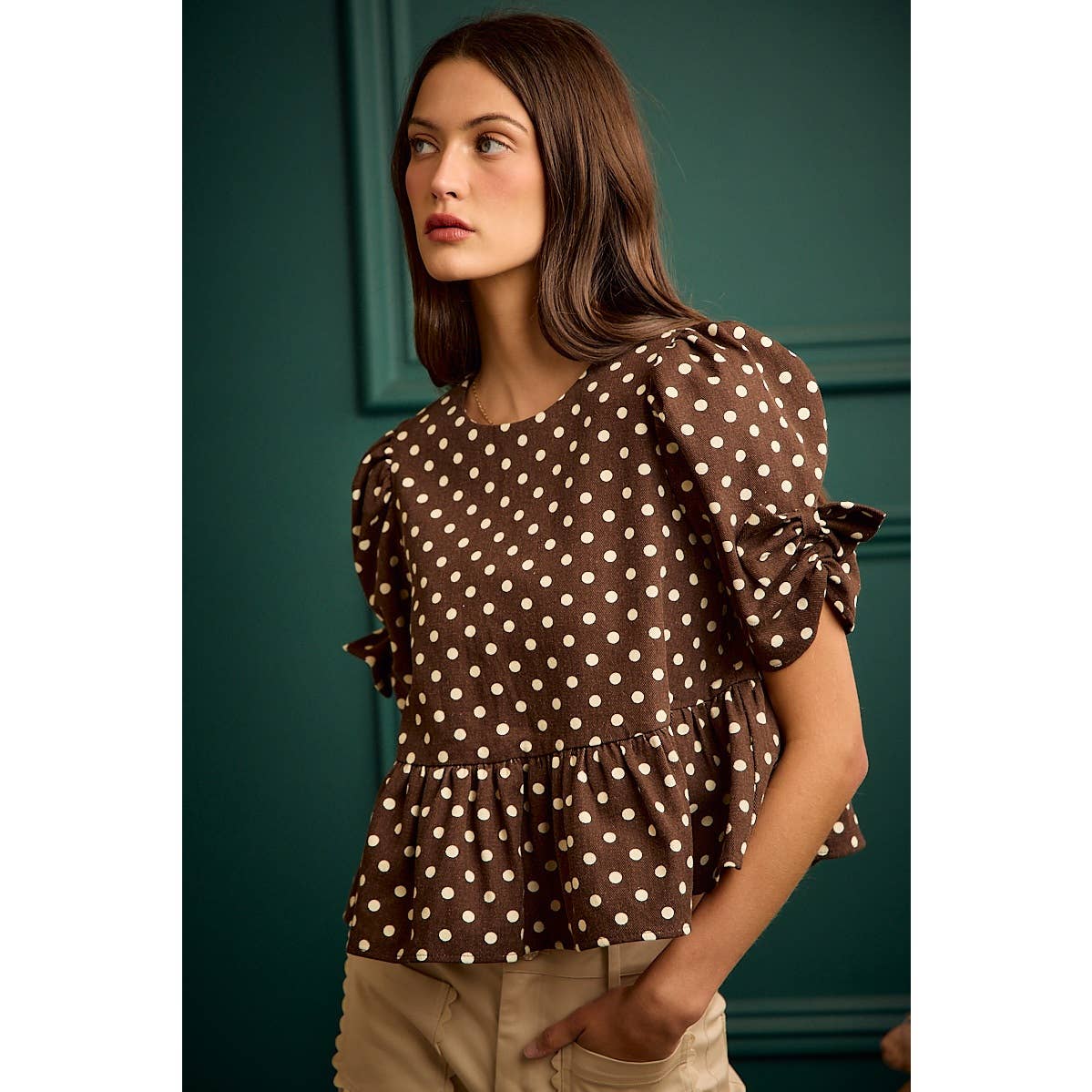 POLKA DOT BOW DETAIL SHORT SLEEVES PEPLUM TOP