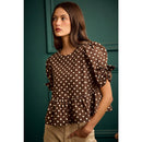 POLKA DOT BOW DETAIL SHORT SLEEVES PEPLUM TOP